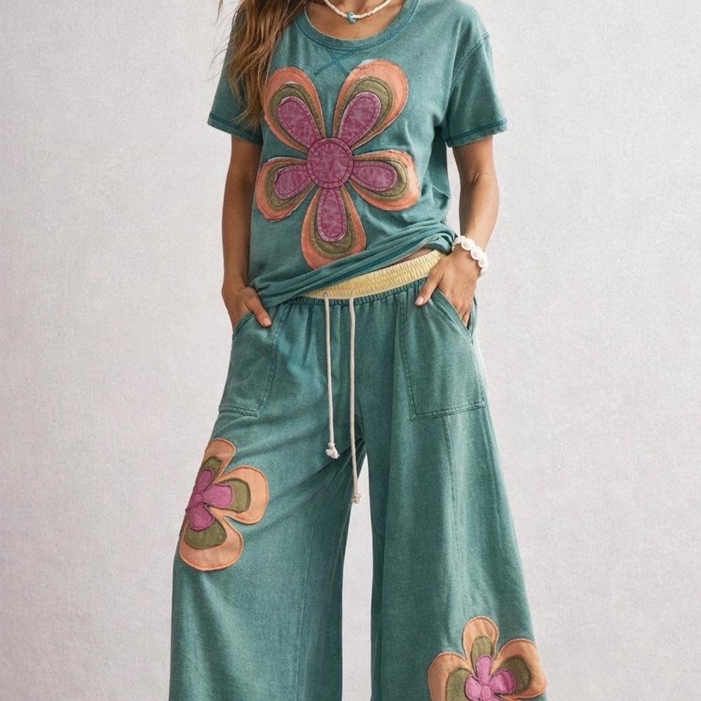Floral Teal Wide-Leg Pants set